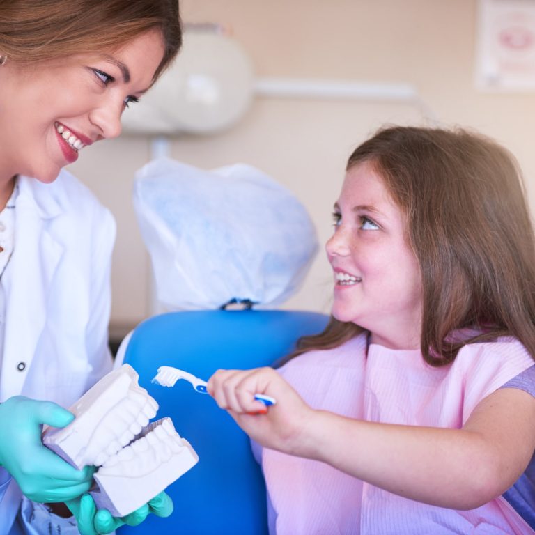 Dentist, woman and teaching girl for teeth, model or consulting for oral wellness in hospital. Child, orthodontist and 3d mould with toothbrush, cleaning or health with learning for hygiene at clinic.