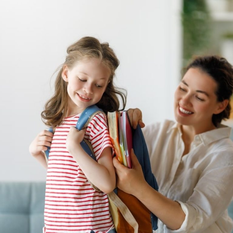 Happy,Family,Preparing,For,School.,Little,Girl,With,Mother.