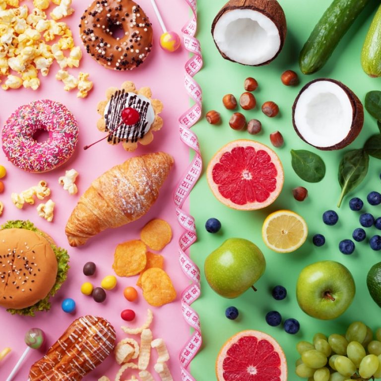 Healthy,And,Unhealthy,Food,Background,From,Fruits,And,Vegetables,Vs