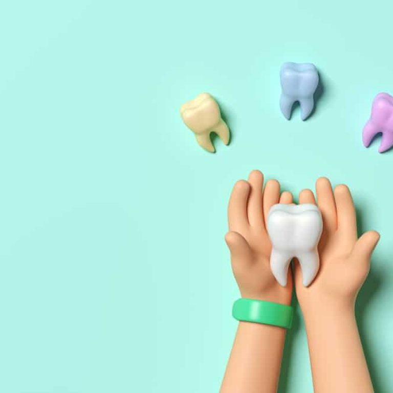 Child's,Hands,Holding,Big,White,Tooth,And,Colored,Teeth,Around
