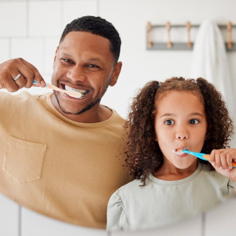 Child,,Father,And,Brushing,Teeth,In,A,Family,Home,Bathroom